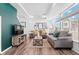 Bright living room with hardwood floors, a modern TV, and comfortable seating at 4419 N Quatar Ct, Aurora, CO 80019