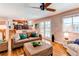 Inviting living room featuring hardwood floors, a comfortable sofa, and bright natural light at 8370 E Princeton Ave, Denver, CO 80237