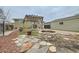 Landscaped backyard featuring a stone fire pit and covered patio area at 7770 Kenwood St, Commerce City, CO 80022