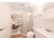Cozy bathroom featuring a stand-up shower with glass door, toilet, vanity, and storage unit at 661 Snowberry St, Longmont, CO 80503
