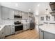 Spacious kitchen featuring grey cabinetry, stainless appliances, and modern finishes at 9561 W Wesley Dr, Lakewood, CO 80227