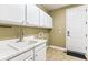 Utility area features white cabinets, tiled countertop with sink, and convenient access door at 6043 S Paris St, Greenwood Village, CO 80111