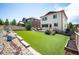 Large backyard with manicured artificial grass, bordered by stone walls and landscaping, perfect for outdoor activities at 3834 Donnington Cir, Castle Rock, CO 80104