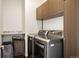 Convenient laundry room with front loading washer and dryer and storage cabinets at 3834 Donnington Cir, Castle Rock, CO 80104