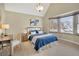 Inviting bedroom showcasing large windows, vaulted ceilings, a work station and neutral decor at 16750 E Prentice Ave, Centennial, CO 80015