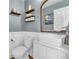 Stylish powder room features a vessel sink, wood shelves, and a decorative mirror at 154 Falcon Cir, Mead, CO 80542