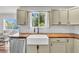 Modern kitchen with butcher block counters and a stainless steel dishwasher at 154 Falcon Cir, Mead, CO 80542