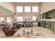 Bright living room with water views, fireplace, comfortable seating and large windows at 4814 S Upham Ct, Littleton, CO 80123
