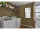 Functional laundry room with modern washer and dryer, shelving, and a bright window at 12400 Village Cir, Brighton, CO 80603