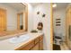 Bathroom featuring a vanity with framed mirror, wooden cabinets, and a separate toilet room for added privacy at 29266 S Sunset Trl, Conifer, CO 80433