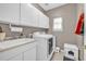 This functional laundry room features ample storage, sink, and modern washer and dryer at 2938 S Zeno Way, Aurora, CO 80013