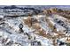 Panoramic aerial view reveals the property's serene, remote location. Map marker points to location at 97 Hedges Cir, Sedalia, CO 80135