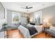 Bright bedroom featuring two windows, hardwood floors, stylish decor, and comfortable seating at 3080 S Eudora St, Denver, CO 80222