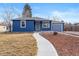 Charming blue home with landscaped front yard and sidewalk leading to the front door at 3080 S Eudora St, Denver, CO 80222