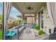Relaxing covered patio with comfortable seating, string lights, and view of the landscaped backyard at 6520 Empire Ave, Frederick, CO 80516