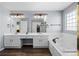 Bright bathroom featuring a double vanity, soaking tub, and a neutral color palette perfect for relaxation at 10103 Knoll Cir, Highlands Ranch, CO 80130