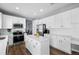 A modern kitchen features a center island, stainless steel appliances, white cabinetry, and wood-look flooring at 10103 Knoll Cir, Highlands Ranch, CO 80130