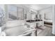 This bright bathroom features a soaking tub, an expansive vanity with dual sinks, and modern lighting at 9505 Painted Canyon Cir, Highlands Ranch, CO 80129