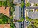 Detailed aerial of a neighborhood showcasing rooflines and tree-lined streets at 6813 W Yale Ave, Lakewood, CO 80227