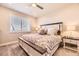 Comfortable bedroom featuring a decorative headboard, ceiling fan, and a sunlit window at 476 Silver Rock Trl, Castle Rock, CO 80104