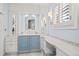 Charming bathroom featuring sky-blue walls and cabinet doors, white countertops, and unique lighting at 29 Viking Dr, Cherry Hills Village, CO 80113