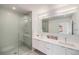 Modern bathroom features a glass enclosed shower, dual sink vanity with white cabinets and sleek fixtures at 1300 N Ogden St # 204, Denver, CO 80218