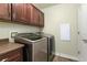 Convenient laundry room with modern washer and dryer and upper wood cabinets at 2184 Willow Ct, Denver, CO 80238