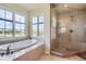 Bright bathroom with a soaking tub, glass shower, and expansive windows for natural light at 6411 Sand Rose Ct, Castle Rock, CO 80108
