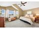 The main bedroom features vaulted ceilings, dual windows, and carpeted floors at 6802 Poppy Ct, Arvada, CO 80007