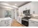 Well-lit kitchen with white cabinets, stainless steel appliances, and a modern backsplash at 888 S Valentia St # 104, Denver, CO 80247