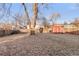 Large fenced backyard with mature trees and a storage shed, ideal for outdoor activities at 6167 Newland St, Arvada, CO 80003