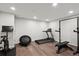 Basement home gym with treadmill, stationary bike, and weights at 3481 Meadow Creek Pl, Highlands Ranch, CO 80126