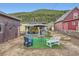 Backyard features a gazebo, seating, and a fire pit area with views of the surrounding mountains at 230 Miner St, Idaho Springs, CO 80452