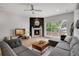Comfortable living room with hardwood floors, fireplace, sectional sofa, and large window for natural light at 1921 Hooker St, Denver, CO 80204