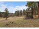 Picturesque gazebo nestled in a serene landscape with towering trees and a meadow under a blue, partly cloudy sky at 27888 Richmond Hill Rd, Conifer, CO 80433