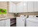 Well-organized laundry room featuring white cabinets, a sink, a countertop, and a washer and dryer at 7420 S Wolff St, Littleton, CO 80128