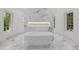 Modern bathroom with freestanding tub, marble tile accent wall, and bright natural lighting from large windows at 5 Churchill Dr, Cherry Hills Village, CO 80113