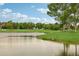 Community pond with lush green landscaping and mature trees, offering a serene and scenic view for residents at 16595 E 110Th Ave, Commerce City, CO 80022