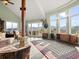 Spacious living area with stone pillar and vaulted ceilings showcases beautiful mountain views from large windows at 127 Granite Way, Evergreen, CO 80439