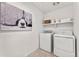 Bright laundry room with modern appliances, shelving, storage containers, and a whimsical dog art print at 3373 N Catawba Way, Aurora, CO 80019