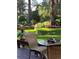 Backyard with lush gardens, mature trees, and a patio area for outdoor seating at 4407 Delaware Dr, Larkspur, CO 80118