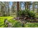 Lush landscaping with mature trees, a rock water feature, and beautiful flowers at 4407 Delaware Dr, Larkspur, CO 80118