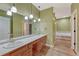 Bright bathroom featuring double sinks, wood cabinets, and a separate tub and shower area at 7170 Windwood Way, Parker, CO 80134