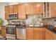 Modern kitchen with stainless steel appliances, wood cabinets, black countertops and a decorative backsplash at 1950 N Logan St # 102, Denver, CO 80203