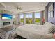 This main bedroom has bright windows with great views, a fireplace, and an elegant rug at 19887 Kershaw Ct, Monument, CO 80132