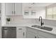 Modern kitchen features stainless steel appliances, white cabinets, and quartz countertops with a stylish sink at 7440 S Blackhawk St # 2-108, Englewood, CO 80112