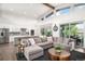 Open-concept living space with a gray sectional sofa and kitchen featuring a stainless steel refrigerator at 6 Wilder Ln, Columbine Valley, CO 80123