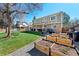 Green backyard featuring a covered patio, garden boxes, mature trees, and a hammock swing at 5775 S Pagosa Way, Centennial, CO 80015