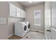 Functional laundry room with white cabinets, modern washer and dryer, and neutral flooring for convenience at 3529 Xanthia Ct, Denver, CO 80238