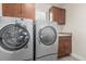 Functional laundry room with front load washer/dryer and ample cabinet space at 676 Fossil Bed Cir, Erie, CO 80516
